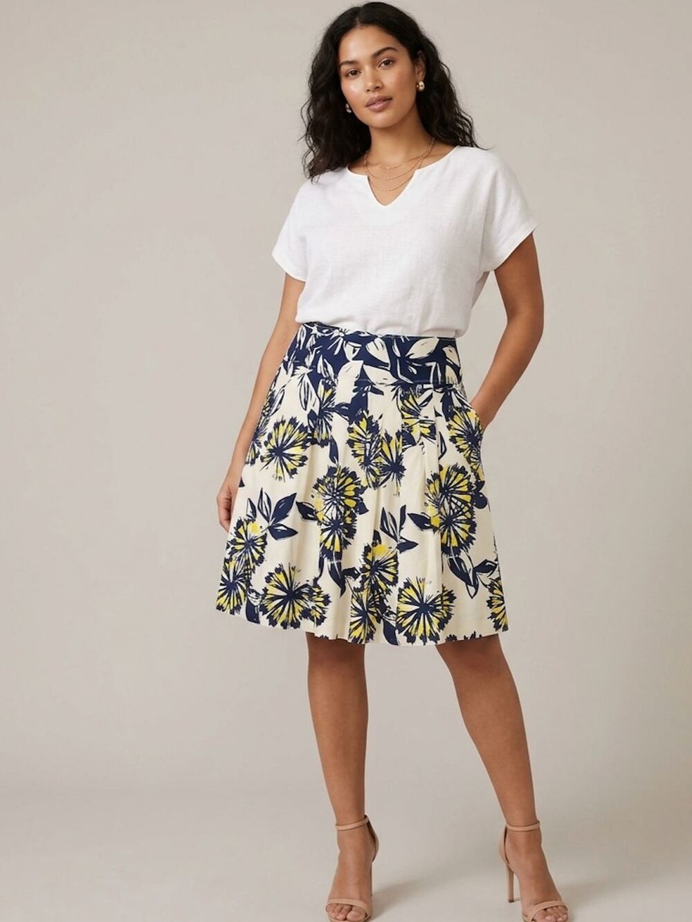 Etcetera 100% Silk Shell Pleated Skirt Size 6 Navy Yellow Botanical Hyper-Bloom